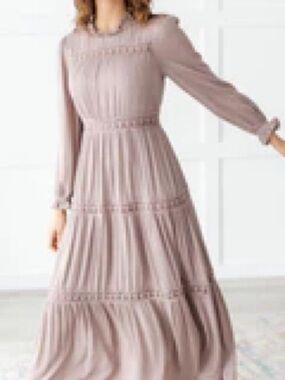 Long Sleeve Dusty Mauve Maxi Dress with Lace Trim